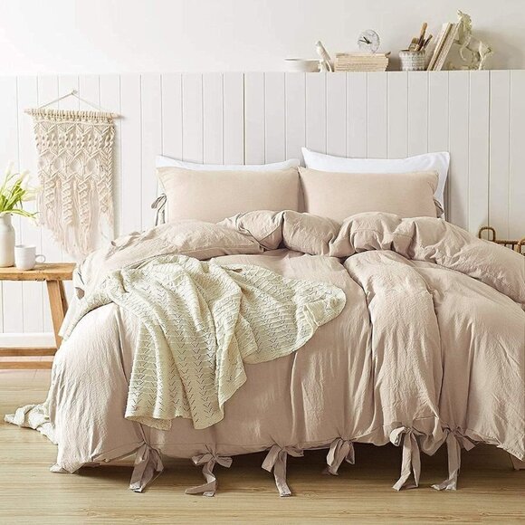KHAKI Duvet Cover Queen Size NWT Soft Comforter Cover with Boho Bowknot Bow Tie